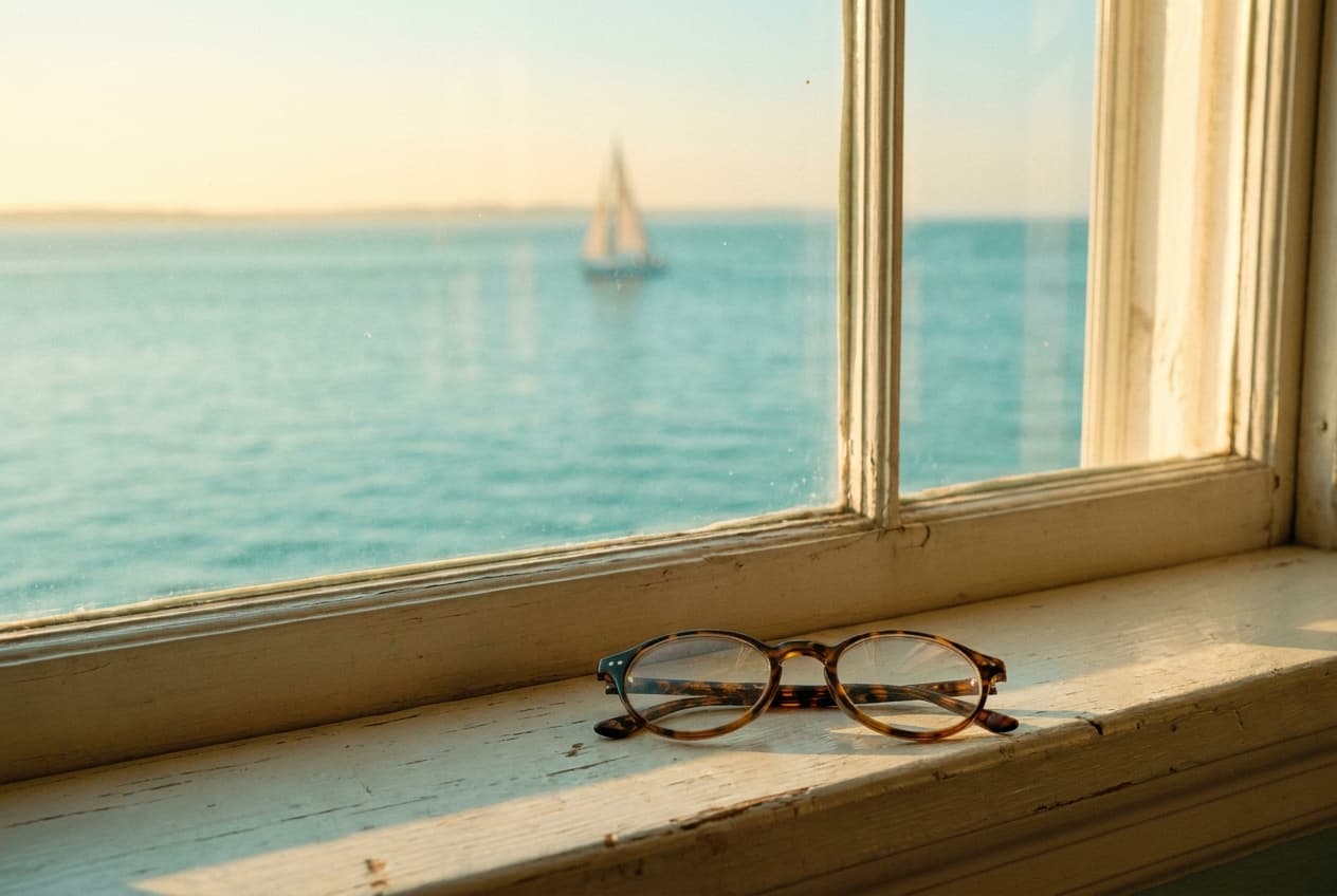 Brille auf der Fensterbank mit Blick aufs Meer